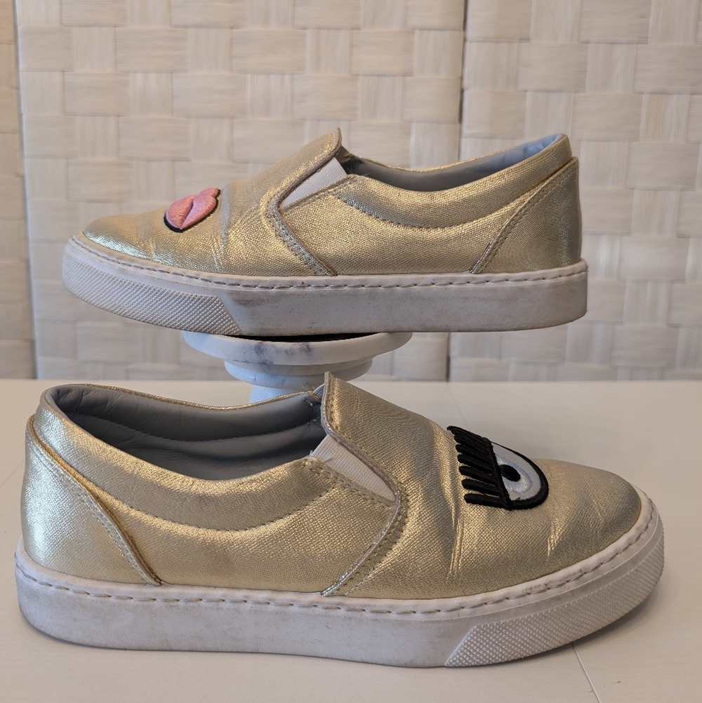 Chiara Ferragni Gold Metallic Flirting Eye Lips Slip On‎ Sneakers Platform Shoes